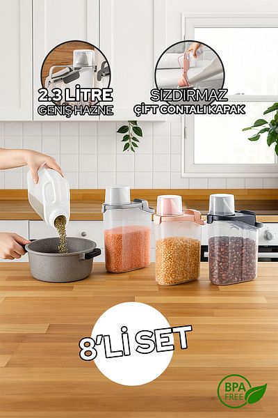Siyempi Set of 8 2300ml Unbreakable Food, Pulses Storage Container Set Leakproof Double Seal Lid with Scale