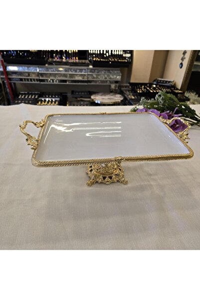 AlyaHomeAksesuar Rectangular Porcelain Serving Plate with Metal Frame and Cast Feet 35X26 cm