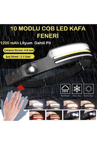 Nanopro Kafa Feneri Cob Led Hareket Sensörlü Şarjlı Kafa Lambası 10 Modlu Flaşör Çakarlı Suya Dayanıklı