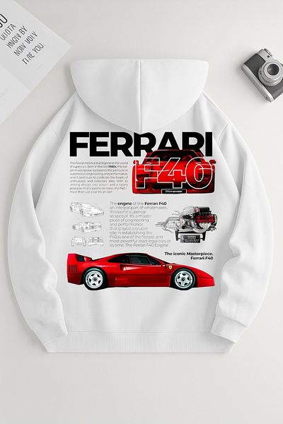New Shine White Unisex Ferrari F40 Printed Sweatshirt