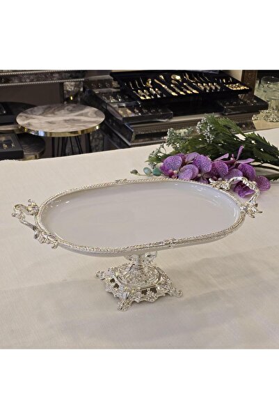 AlyaHomeAksesuar Metal Framed Casting Footed Oval Porcelain Serving Plate 30X16 cm Silver