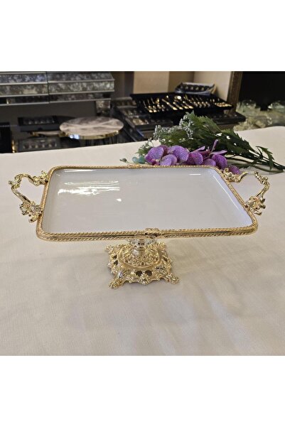 AlyaHomeAksesuar Rectangular Porcelain Serving Plate with Metal Frame and Cast Feet 35X26 cm