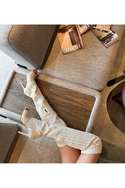 Shoego Bej Örgü Diz Üstü İnce Topuklu Kadın Çizme Açık Burun Tasarım