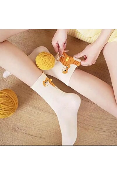 BAMİAMU 1 adet Beyaz Sevimli kedi çorap, eğlenceli hediyelik, karikatür komik...