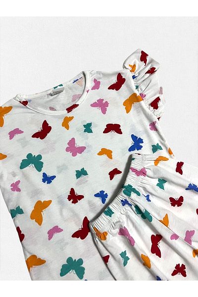 Fil Kids Girls' Cotton White Colorful Butterflies Patterned Short Sleeve Shorts Summer Pajama Set