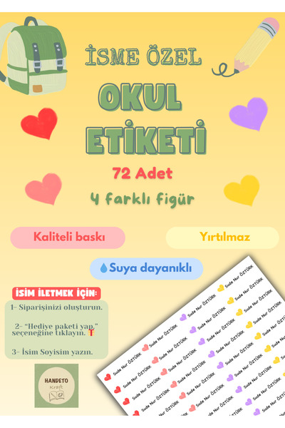 Handeto Kraft 72 Adet Kalp Temalı Kişiye Özel Okul Etiketi İsim Yazılabilen E...
