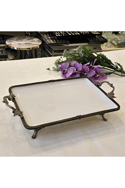 AlyaHomeAksesuar Metal Framed Rectangular Porcelain Serving Plate 35X26 cm Antique