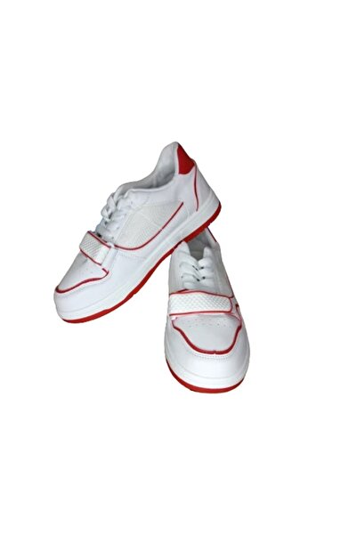 OEM Adidasi albi cu dunga rosie, inchidere cu scai