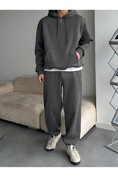 macklin Unisex Erkek Kadın Basic Oversize 3 İplik Kapüşonlu Eşofman Takımı