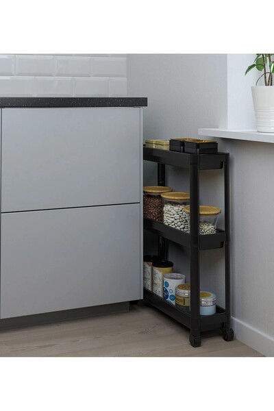 IKEA QUİCK 3 Katlı Tekerlekli Banyo Rafı 54x18x71 Cm Plastik Mutfak Rafı Siyah Raf Düzenleyici