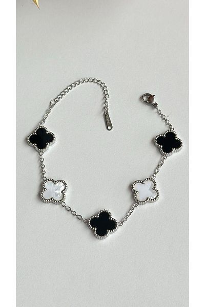 GUNESTAKI Clover Steel Bracelet Silver Black Pearlescent Color