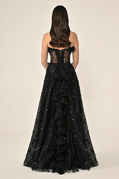 ALFABETA KADIN ABİYE STRAPLEZ KORSE TRANSPARAN TÜL DETAYLI ÇİÇEK DETAYLI ELBİSE