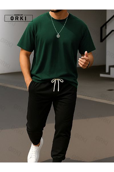 EFFRENATU Power Fit – Oversize Forest Green T-Shirt & Black Pants Jogger Tracksuit Set