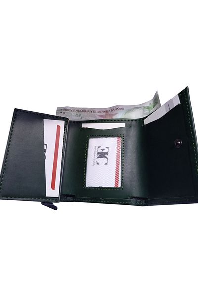 ENGIN Unisex Green Vegan Faux Leather Wallet Card Holder with Coin Compartment and Slide Mechanism