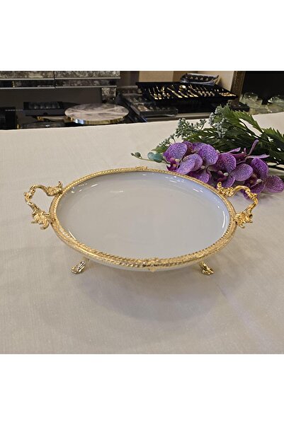 AlyaHomeAksesuar طبق تقديم بورسلين دائري بإطار معدني 30 سم