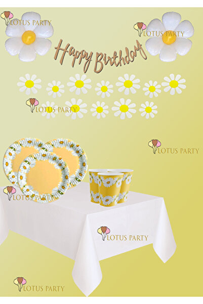LOTUS PARTY Set de aniversare cu farfurie și pahar cu margarete - Balon din folie cu margarete Farfurie cu margarete - Banner cu margarete