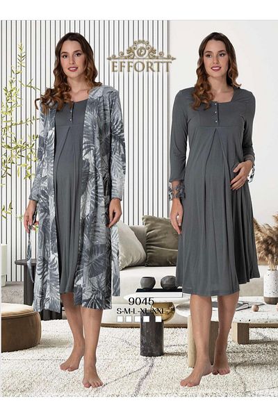 EM&FA TEKSTİL Pregnant Maternity Nightgown Set with Robe