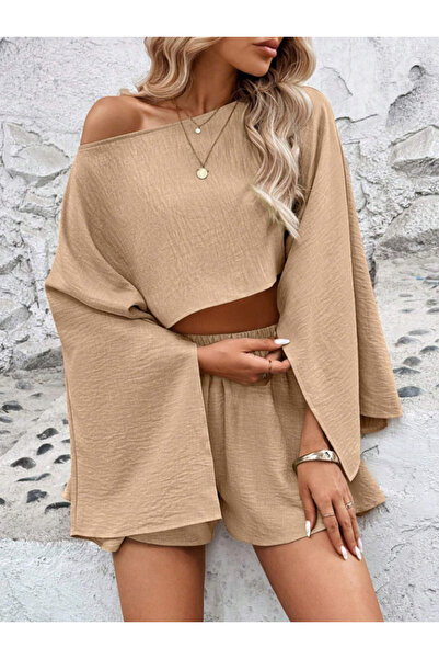 Arfami Double Bottom Top Set Slit Sleeve Detail Off Shoulder Comfortable Fit Blouse Shorts Set Wohome