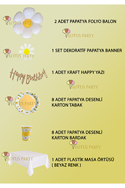 LOTUS PARTY Set de aniversare cu farfurie și pahar cu margarete - Balon din folie cu margarete Farfurie cu margarete - Banner cu margarete