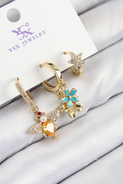 Skygo Brass Zircon Stone 3-Piece Bee and Flower Model Gold Color Women's Earrings - Tj-Bkp11143