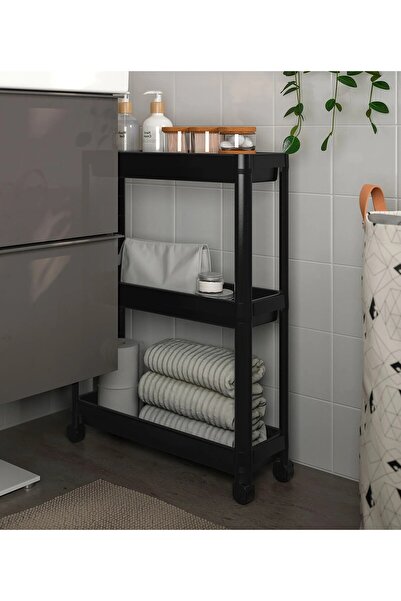 IKEA QUİCK 3 Katlı Tekerlekli Banyo Rafı 54x18x71 Cm Plastik Mutfak Rafı Siyah Raf Düzenleyici