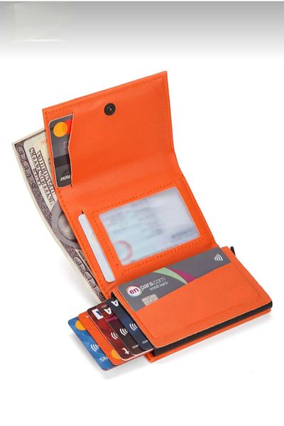 ENGIN Unisex Orange Vegan Faux Leather Wallet Card Holder with Coin Compartment and Slide Mechanism