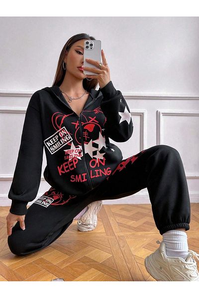 macklin Unisex Men's Women's Keep on Smiling Printed Oversize 3 Thread Hooded Tracksuit Set