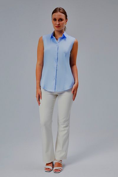 FARQIN Light Blue Cotton Satin Lycra Zero Sleeve Blue-White Stripe Fabric Detail Slim Fit Women's Shirt