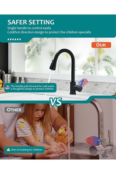 Vito Modern Kitchen Faucet with Pull-Out Sprayer, 360° Rotation, Matte Black, Stainless Steel, Height 36