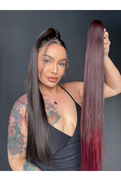 Suzan Peruk Koyu Kızıl Düz Tokalı Mandallı At kuyruğu Ekstra uzun model