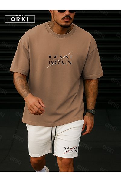EFFRENATU Man Printed – Oversize Men's Light Brown T-Shirt & White Shorts Set