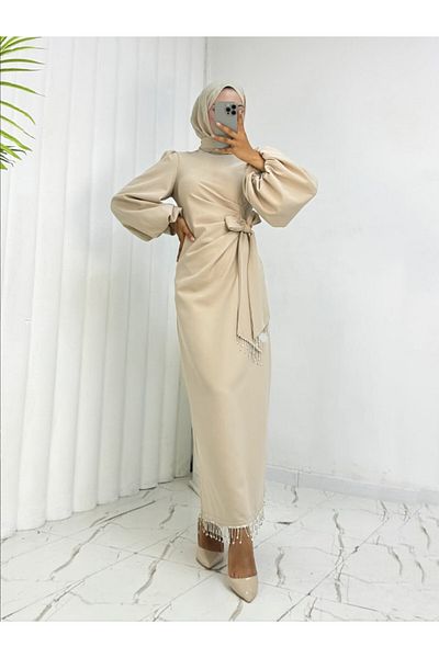 Modamorfo Balloon Sleeve Side Tie Stone Tassel Crepe Dress -Beige