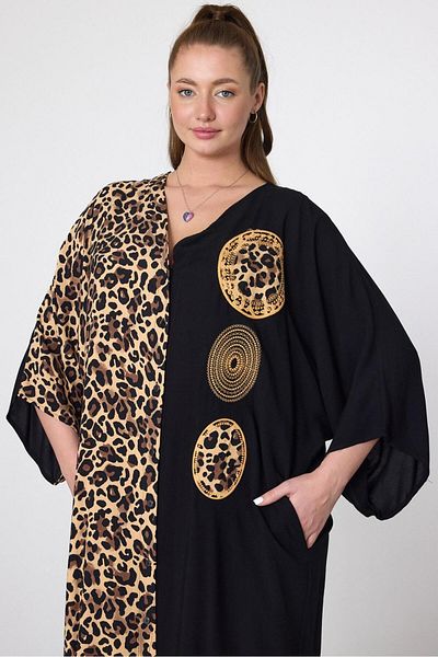 Hazinedan Rochie neagră autentică pentru femei, cu decolteu în V, cu detaliu de broderie leopard, mărime mare