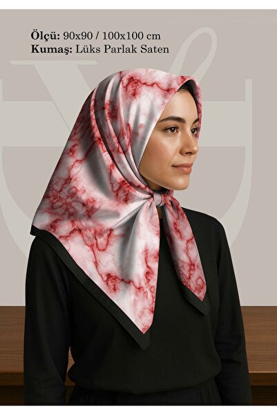DESENİX وشاح منقوش بالرخام الأحمر |   90x90 - 100x100 سم |   قماش الساتان الل...
