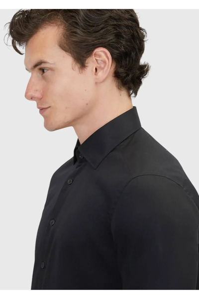 Ramsey Cămașă neagră, simplă, țesută, clasică, 100% bumbac