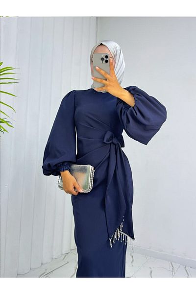 Modamorfo Balloon Sleeve Side Tie Stone Tassel Crepe Dress - Navy