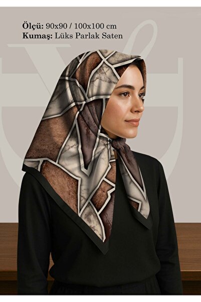 DESENİX وشاح منقوش بالرخام البني |   90x90 - 100x100 سم |   قماش الساتان اللا...