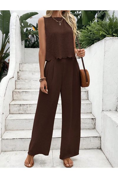 Arfami Bottom Top Set Back Detailed Comfortable Fit Elastic Waist Blouse Pants Set