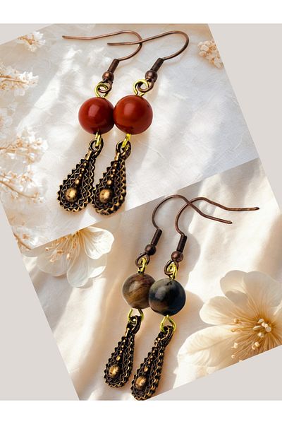 ayrestyle Jasper & Rhodonite Natural Stone 2-Piece Earring Set, Authentic Natural Stone Women's Earrings with Dangle