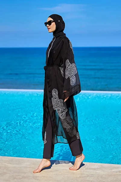 Marina Swimwear Black Full Length Tulle Kimono Kaftan P2515