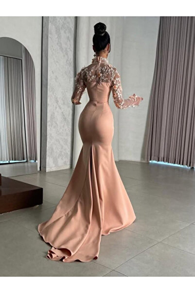 Nice Model فستان سهرة أنيق باللون الخوخي حورية البحر بأكمام طويلة مطرز بالورود فستان رسمي لحفلات الزفاف