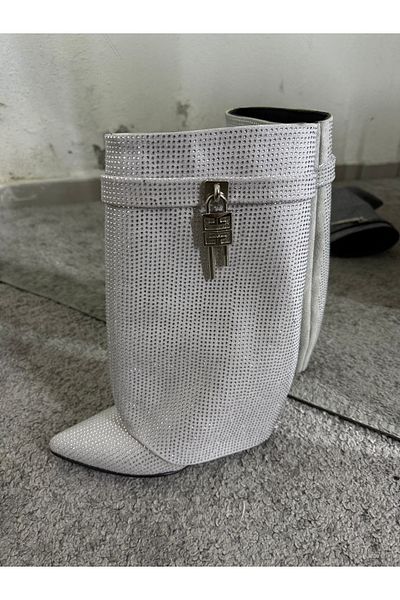 MYVOLANTE Cream Suede Stone Detailed Short Leggings Detailed Heeled Boots