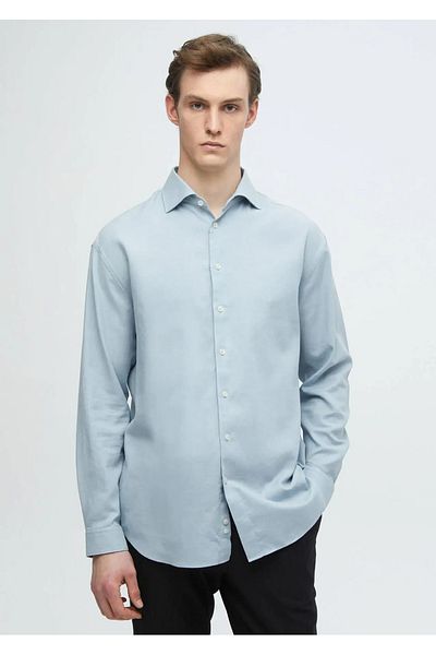 Ramsey Blue Plain Woven Casual Wool Blend Shirt