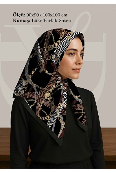 DESENİX سلسلة ووشاح بنمط هندسي |   90x90 - 100x100 سم |   قماش الساتان اللامع...