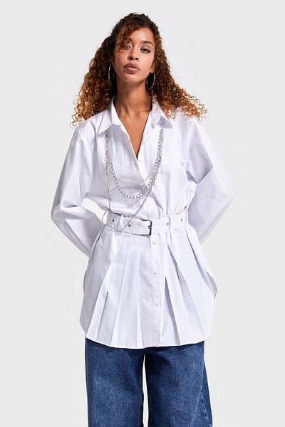 its basic Women's White Color Belt Detailed Necklace Accessory Special Design Long Size Oversize Shirt