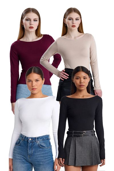 Bukamiss Boat Neck Long Sleeve 4-Piece Ball-Shirt Black White Cream Damson
