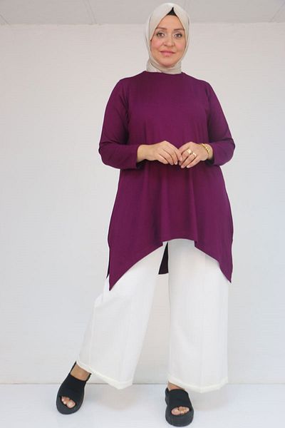 Eslina 58070 Large Size Asymmetric Cut Combed Cotton Tunic - Plum