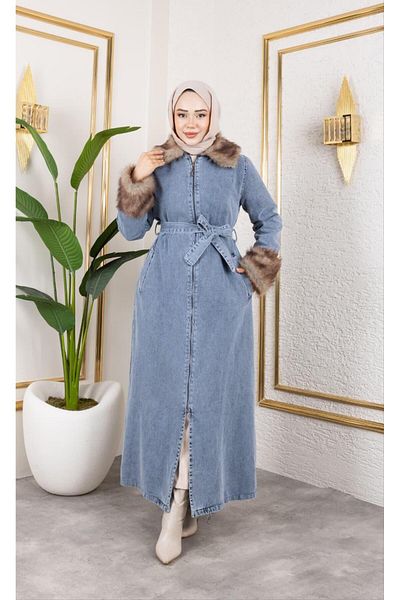 Hb Harma Time Butik Women's Fur Detailed Belted Lined Blue Cap