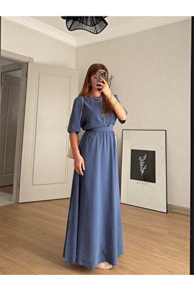 BAŞARAN Indigo Slit Long Skirt and Blouse