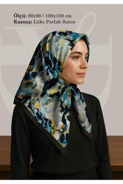 DESENİX وشاح منقوش تجريدي |   اللون الفيروزي والأصفر والأسود |   90x90 - 100x...